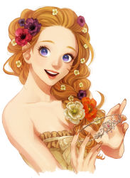 Rule 34 | 1girl, anemone (flower), bare shoulders, braid, breasts, brown hair, brown nails, cleavage, crown, flower, hair flower, hair ornament, holding, holding crown, long hair, open mouth, original, purin (iddunpg), purple flower, red flower, shadow, simple background, smile, solo, upper body, white background, white flower