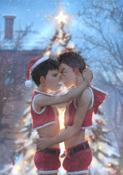 Rule 34 | 2boys, abs, arms around neck, arms around waist, backlighting, bare tree, beitemian, belt, black belt, black hair, blue eyes, blurry, blurry background, blush, breath, brown eyes, brown hair, bulge, christmas tree, closed mouth, cowboy shot, crop top, day, eye contact, face-to-face, from side, highres, hood, hood down, house, hug, looking at another, male focus, male pubic hair, multiple boys, muscular, nipples, open belt, open clothes, original, outdoors, photoshop (medium), profile, pubic hair, raised eyebrow, red shorts, short hair, short shorts, shorts, sleeveless, smile, snow, snowing, tree, yaoi