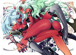 Rule 34 | 10s, 2girls, ass, big hair, black legwear, blue hair, boots, bracelet, breasts, bun-o, colored skin, double gold lacytanga, double gold spandex, fang, glasses, green eyes, green hair, grin, gun, high heels, horns, incest, jewelry, knee boots, kneesocks (psg), large breasts, multicolored eyes, multiple girls, nail polish, panty &amp; stocking with garterbelt, ponytail, red skin, scanty (psg), semi-rimless eyewear, shoes, siblings, single horn, sisters, smile, spiked bracelet, spikes, stiletto heels, thighhighs, under-rim eyewear, weapon, yellow eyes, yuri