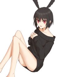 Rule 34 | 1girl, ass, bare shoulders, black hair, black sweater, blush, breasts, commentary request, elfenlied22, fate/grand order, fate (series), head wings, highres, long hair, looking at viewer, medium breasts, open mouth, ortlinde (fate), red eyes, short hair, simple background, sitting, sleeves past wrists, solo, sweater, valkyrie (fate), white background, wings