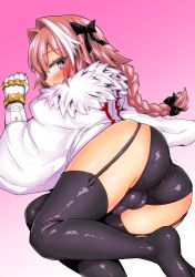 Rule 34 | 1boy, anus, armor, ass, astolfo (fate), blush, bow, braid, cape, fang, fate/apocrypha, fate/grand order, fate (series), garter straps, gauntlets, hair bow, long hair, looking at viewer, lying, magifuro, male focus, multicolored hair, on side, panties, penis, pink hair, purple eyes, shiny clothes, shiny skin, single braid, solo, thighhighs, trap, two-tone hair, underwear, very long hair, white hair