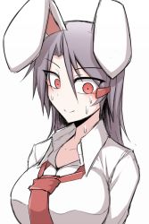 Rule 34 | 1girl, animal ears, breasts, collarbone, female focus, hair ornament, hairclip, kuroba rapid, large breasts, long hair, looking at viewer, necktie, nervous, nervous smile, purple hair, rabbit ears, red eyes, reisen udongein inaba, simple background, skirt, smile, solo, sweat, thighhighs, touhou, tsurime, upper body, white background, zettai ryouiki