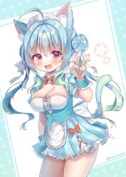 Rule 34 | 1girl, :d, ahoge, animal ear fluff, animal ears, aqua hair, aqua wrist cuffs, arm at side, back bow, bell, blue dress, blue hair, blue nails, blush, bow, bowtie, breasts, cat ears, cat girl, cat tail, center frills, cleavage, collar, cowboy shot, detached collar, double bun, dress, dress bow, eyelashes, fang, frilled dress, frills, hair between eyes, hair bun, hair ribbon, hand up, himeno ame, jingle bell, long hair, looking at viewer, maid, maid headdress, medium breasts, multicolored hair, nail polish, neck bell, open mouth, original, pink eyes, pleated dress, red bow, red bowtie, ribbon, short dress, short sleeves, sidelocks, smile, star (symbol), striped bow, tail, twintails, twitter username, v, white bow, white collar, white ribbon, wrist cuffs