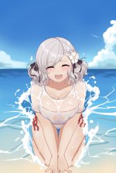 Rule 34 | 1girl, :d, aderi, beach, bikini, bikini bottom only, bikini under clothes, blush, breasts, cleavage, closed eyes, cloud, commentary request, contrail, flower, girls&#039; frontline, hair flower, hair ornament, hair ribbon, highres, kneeling, large breasts, medium hair, no pants, ocean, official alternate costume, open mouth, outdoors, ribbon, see-through, see-through shirt, shirt, side-tie bikini bottom, silver hair, sky, smile, solo, spas-12 (girls&#039; frontline), splashing, swimsuit, t-shirt, twintails, water, waves, wet, wet clothes, wet shirt, white bikini, white shirt