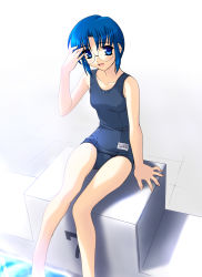 Rule 34 | 00s, 1girl, blue eyes, blue hair, blush, breasts, ciel (tsukihime), female focus, glasses, hand up, highres, matching hair/eyes, name tag, norizou type-r, one-piece swimsuit, open mouth, pool, school swimsuit, sitting, small breasts, solo, swimsuit, tsukihime, water