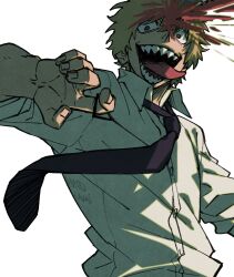 Rule 34 | 1boy, black necktie, blonde hair, blood, blood spray, brown eyes, chainsaw, chainsaw man, collared shirt, denji (chainsaw man), floating neckwear, harukamiart, highres, looking at viewer, male focus, necktie, open mouth, sharp teeth, shirt, short hair, simple background, solo, spiked hair, teeth, tongue, tongue out, transformation, white background, white shirt