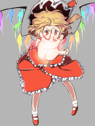 Rule 34 | 1girl, blonde hair, bobby socks, flandre scarlet, foreshortening, frilled skirt, frills, full body, glowing, grey background, hat, hat ribbon, looking at viewer, mob cap, outstretched arm, outstretched hand, red eyes, red footwear, red ribbon, red skirt, ribbon, ryannari, shoes, simple background, skirt, skirt set, socks, solo, touhou, vest, white socks, wings