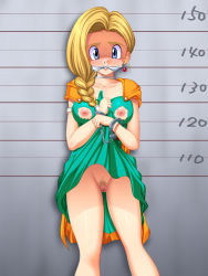 Rule 34 | 1girl, bdsm, bianca (dq5), blonde hair, blue eyes, bondage, bound, braid, breasts, censored, cleave gag, cloth gag, clothes lift, covered erect nipples, cuffs, dragon quest, dragon quest v, dress, dress lift, female focus, female pubic hair, gag, gagged, handcuffs, improvised gag, large breasts, lineup, nipples, no panties, pubic hair, pussy, single braid, solo, torn clothes