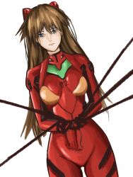 Rule 34 | 1girl, artist request, blue eyes, bodysuit, brown hair, curvy, expressionless, hair ornament, highres, lips, long hair, looking at viewer, neon genesis evangelion, plugsuit, red bodysuit, restrained, shiny clothes, souryuu asuka langley, wide hips