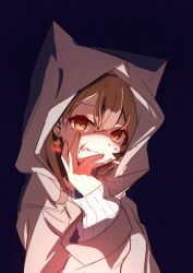 Rule 34 | 1girl, ambiguous red liquid, animal hood, berry, black choker, blood, blood on face, brown eyes, brown hair, brown hoodie, choker, crossed bangs, dark, earrings, ears through headwear, elun (elun 00), empty eyes, food-themed earrings, highres, hololive, hololive english, hood, hood up, hoodie, jewelry, long hair, looking at viewer, multicolored hair, nanashi mumei, nanashi mumei (casual), official alternate costume, oversized clothes, shaded face, sleeves past wrists, smile, solo, streaked hair, sweater, underlighting, virtual youtuber, white sweater