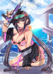 Rule 34 | 1girl, ass, bare shoulders, bikini, black hair, blue sky, blunt bangs, breasts, cleavage, closed mouth, fate/grand order, fate (series), glasses, goggles, goggles on head, gun, highres, jacket, large breasts, long hair, long sleeves, looking at viewer, muka tsuku, ocean, off shoulder, osakabehime (fate), osakabehime (swimsuit archer) (fate), osakabehime (swimsuit archer) (first ascension) (fate), pink bikini, pink scarf, purple eyes, scarf, sitting, ski goggles, sky, smile, solo, swimsuit, thighs, twintails, very long hair, weapon