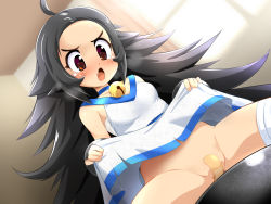 Rule 34 | 1girl, ahoge, bandaid, bandaid on pussy, bell, black hair, breasts, chang koehan, choker, clothes lift, dress, dress lift, dutch angle, konpeto, lifted by self, long hair, no panties, open mouth, sitting, small breasts, solo, spread legs, tears, the king of fighters, white dress