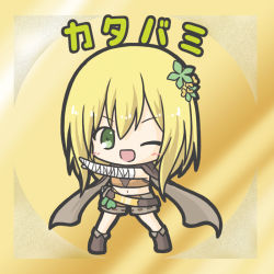 Rule 34 | 1girl, ;d, bandaged arm, bandaged hand, bandages, blonde hair, blush, boots, brown footwear, brown scarf, brown shirt, brown shorts, character name, chibi, crop top, flower, flower knight girl, green eyes, green flower, hair between eyes, hair flower, hair ornament, katabami (flower knight girl), midriff, navel, one eye closed, open mouth, outstretched arm, ri-net, scarf, shirt, short shorts, shorts, sleeveless, sleeveless shirt, smile, solo
