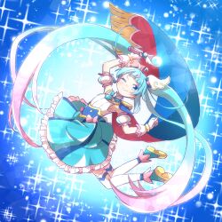 Rule 34 | 1girl, ;), ahoge, arm up, blue background, blue eyes, blue footwear, blue hair, blue skirt, closed mouth, commentary request, cure sky, detached sleeves, frilled skirt, frills, full body, gloves, glowing, gradient hair, highres, hirogaru sky! precure, holding, long hair, magical girl, multicolored hair, naegi (naegidokoro), one eye closed, pink hair, precure, puffy short sleeves, puffy sleeves, shirt, shoe soles, shoes, short sleeves, skirt, sleeveless, sleeveless shirt, smile, solo, sora harewataru, sparkle background, thighhighs, twintails, very long hair, white gloves, white shirt, white thighhighs