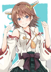 Rule 34 | 1girl, anchor symbol, blue background, blue eyes, border, brown hair, commentary request, cowboy shot, dairyo3, detached sleeves, flipped hair, green skirt, hairband, headgear, hiei (kancolle), highres, japanese clothes, kantai collection, looking at viewer, plaid, plaid skirt, ribbon-trimmed sleeves, ribbon trim, short hair, skirt, smile, solo, two-tone background, white border
