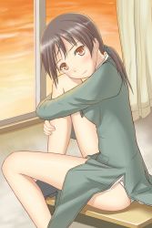 Rule 34 | 1girl, brown eyes, brown hair, desk, fuu maumau, gertrud barkhorn, highres, hugging own legs, long hair, long sleeves, military, military uniform, on desk, panties, sitting, smile, solo, strike witches, twintails, underwear, uniform, window, world witches series