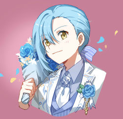 Rule 34 | 1other, ambiguous gender, androgynous, blue flower, blue hair, bouquet, closed mouth, collared shirt, cropped torso, flower, grey shirt, grey vest, hair between eyes, holding, holding bouquet, jacket, necktie, open clothes, open jacket, rimuru tempest, shirt, shoura, striped clothes, striped vest, tensei shitara slime datta ken, upper body, vertical-striped clothes, vertical-striped vest, vest, white jacket, white necktie, wing collar, yellow eyes