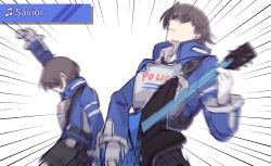 Rule 34 | 1boy, 1girl, astral chain, brother and sister, brown hair, closed mouth, emphasis lines, glasses, gloves, guitar, highres, holding, holding microphone, instrument, meme, microphone, music, playing instrument, police, shirohunter, short hair, siblings, speed lines, white gloves