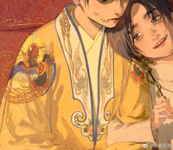 Rule 34 | 2boys, animal print, bird print, brown eyes, brown hair, chinese clothes, chinese commentary, closed mouth, commentary request, dragon, eastern dragon, hanfu, head on another&#039;s shoulder, highres, holding, lipstick, long sleeves, looking at another, looking at viewer, makeup, male focus, multiple boys, object request, open mouth, original, qihe hehe, red background, red lips, robe, shirt, short hair, simple background, smile, teeth, thick eyebrows, turtleneck, turtleneck shirt, upper body, upper teeth only, weibo watermark, white shirt, white sleeves, yellow robe, yellow sleeves