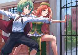 Rule 34 | 2girls, antennae, beret, black pants, blue eyes, blush, braid, brick wall, cape, commentary request, feet out of frame, fighting stance, gate, green eyes, green hair, green headwear, green skirt, green vest, hair between eyes, hat, hong meiling, long hair, long sleeves, multiple girls, open mouth, outdoors, pants, puffy short sleeves, puffy sleeves, red hair, roke (taikodon), scarlet devil mansion, shirt, short hair, short sleeves, side slit, skirt, skirt set, standing, star (symbol), sweat, touhou, v-shaped eyebrows, vest, white shirt, wriggle nightbug