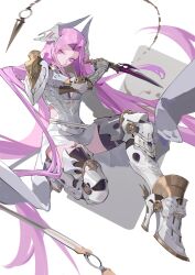 Rule 34 | 1girl, absurdres, armor, bingansuan jiamouren, dagger, fate/grand order, fate (series), fighting stance, greaves, hair ornament, high heels, highres, holding, holding dagger, holding knife, holding weapon, knife, long hair, medusa (fate), medusa (saber) (fate), miniskirt, pauldrons, pink eyes, pink hair, shoulder armor, simple background, skirt, solo, thighhighs, very long hair, weapon, white armor, white background, zettai ryouiki