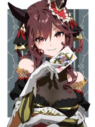 Rule 34 | 1girl, animal ears, border, breasts, brown eyes, brown hair, card, cleavage, closed mouth, collarbone, commentary request, dated, detached sleeves, ear covers, ear ornament, gentildonna (umamusume), gloves, grin, hair between eyes, hair ornament, hair rings, highres, holding, holding card, horse ears, horse girl, koppe koppe, large breasts, looking at viewer, playing card, portrait, print background, red eyes, ribbon, simple background, smile, solo, sweat, umamusume, white border, zipper