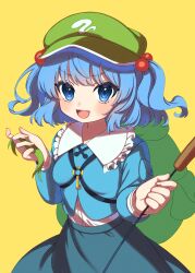 Rule 34 | 1girl, :d, absurdres, backpack, bag, blue eyes, blue hair, blue skirt, breasts, cattail, e sdss, frilled shirt collar, frills, green hat, hair bobbles, hair ornament, hat, highres, holding, holding plant, kawashiro nitori, key, long sleeves, looking at viewer, open mouth, plant, shirt, simple background, skirt, small breasts, smile, solo, touhou, two side up, v-shaped eyebrows, yellow background