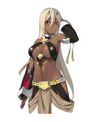 Rule 34 | 1girl, adjusting hair, alf layla, bad id, bad pixiv id, bare shoulders, blonde hair, breasts, cleavage, dark-skinned female, dark skin, highres, horns, large breasts, navel, phantasy star, phantasy star online 2, red eyes, solo, very dark skin, white background, yuzuriha (active homing)