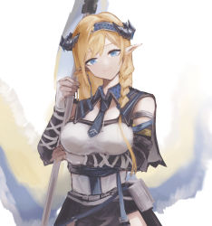 Rule 34 | 1girl, aiv, arknights, arm under breasts, banner, bare shoulders, black skirt, blonde hair, blue eyes, blue hairband, braid, breasts, closed mouth, cowboy shot, detached sleeves, dragon horns, fingerless gloves, gloves, hairband, highres, holding, horns, large breasts, long hair, long sleeves, looking at viewer, pointy ears, pouch, saileach (arknights), side braid, simple background, skirt, smile, solo, white background, white gloves