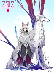 Rule 34 | 1other, 2018, absurdres, animal, animal ears, animal feet, chinese zodiac, dog, gloves, grey fur, hand on another&#039;s shoulder, highres, holding, holding sword, holding weapon, original, palow, sword, tree, weapon, white fur, year of the dog
