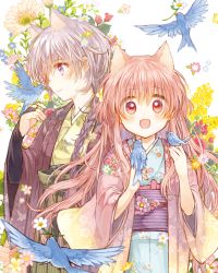 Rule 34 | 2girls, :d, animal ears, bad id, bad pixiv id, bird, bird on hand, bluebird, braid, bridal gauntlets, cat ears, commentary request, cover, cover page, flower, grey hair, hachi kou, hair flower, hair ornament, itou hachi, japanese clothes, kimono, long hair, looking at viewer, multiple girls, obi, open mouth, original, pink eyes, pink hair, purple eyes, sash, single braid, smile, wide sleeves