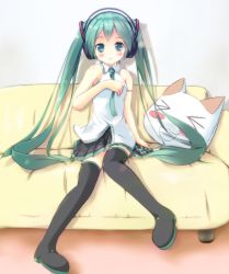 Rule 34 | &gt; &lt;, 1girl, bad id, bad pixiv id, bare shoulders, blush, boots, couch, doko demo issho, closed eyes, green eyes, green hair, hatsune miku, headphones, kakashi, kuro (doko demo issho), long hair, matching hair/eyes, mode (mode-n), necktie, sitting, skirt, solo, thigh boots, thighhighs, twintails, very long hair, vocaloid, lat model (mikumikudance)