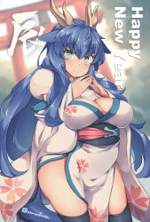 Rule 34 | 1girl, animal ears, aqua eyes, black thighhighs, blue hair, blurry, blurry background, breasts, brown horns, chinese zodiac, cleavage, commentary request, dragon girl, dragon horns, english text, floral print, happy new year, horns, japanese clothes, kimono, kuromiya, large breasts, long hair, looking at viewer, minataka tatsuki, new year, original, print kimono, standing, thighhighs, thighs, torii, twitter username, white kimono, wide sleeves, year of the dragon