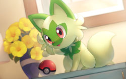 Rule 34 | blurry, commentary request, creatures (company), fangs, flower, game freak, highres, naoki eguchi, nintendo, no humans, open mouth, poke ball, poke ball (basic), pokemon, pokemon (creature), red eyes, smile, solo, sprigatito, tongue, vase, yellow flower