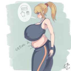Rule 34 | 1girl, artist name, bare shoulders, belly, belly grab, blonde hair, blue eyes, blush, bracelet, breasts, burger, coffeeslice, covered erect nipples, cup, disposable cup, food, french fries, huge breasts, jewelry, long hair, metroid, muffin top, nintendo, pants, parted lips, plump, ponytail, sagging breasts, samus aran, signature, simple background, solo, sports bra, sportswear, standing, stomach growling, thought bubble, yoga pants