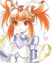Rule 34 | 1girl, animal hands, axis (at mark), black bodysuit, black wings, bodysuit, breasts, claws, duel monster, feathered wings, feathers, hair rings, harpie channeler, harpy, heart, long hair, monster girl, orange eyes, orange hair, pointy ears, shikishi, simple background, small breasts, solo, twintails, white background, winged arms, wings, yu-gi-oh!