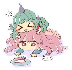 Rule 34 | &gt; &lt;, ..., 2girls, :d, blue shirt, blush stickers, cake, commentary, curly hair, english commentary, food, girl on top, green hair, hata no kokoro, horns, komano aunn, long hair, long sleeves, lying, multiple girls, on stomach, open mouth, pink eyes, pink hair, pink skirt, plate, red shirt, shirt, simple background, single horn, skirt, smile, spoken ellipsis, touhou, white background, wool (miwol)