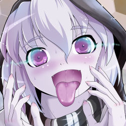 Rule 34 | 10s, 1girl, blush, close-up, colored skin, hood, hoodie, kantai collection, looking at viewer, open mouth, oral invitation, purple eyes, purple skin, re-class battleship, saliva, scarf, silver hair, solo, tongue, tongue out, usagi niku