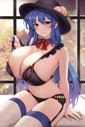 Rule 34 | 1girl, absurdres, alternate breast size, areola slip, black bra, black panties, blue hair, bow, bowtie, bra, breasts, closed mouth, commentary request, food, fruit, garter straps, highres, hinanawi tenshi, huge breasts, kannko bokujou, long hair, looking at viewer, navel, nipples, panties, peach, red bow, red bowtie, red eyes, sitting, skindentation, smile, thighhighs, touhou, underwear, white thighhighs