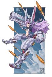 Rule 34 | 1girl, 2023, absurdres, animal ears, breasts, center opening, chinese zodiac, commentary, crop top, digitigrade, english commentary, fake animal ears, fingerless gloves, full body, gloves, highres, long hair, mecha musume, mechanical ears, mechanical legs, mechanical tail, missile, navel, original, purple hair, red eyes, rocket launcher, small breasts, solo, tail, weapon, year of the rabbit, zen (jirakun)