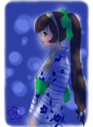 Rule 34 | 00s, 1girl, alternate costume, blue background, blurry, blush, bokeh, brown hair, depth of field, green eyes, hair ribbon, head scarf, heterochromia, japanese clothes, kimono, kleine erdbeere, long hair, open mouth, own hands together, ponytail, profile, resized, ribbon, rozen maiden, signature, simple background, solo, straightchromia, suiseiseki, upper body, v arms, very long hair, yukata