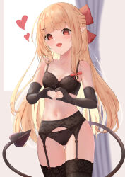 Rule 34 | 1girl, :d, absurdres, black bra, black gloves, black panties, black thighhighs, blonde hair, blunt bangs, blush, bow, bow bra, bow panties, bra, breasts, cleavage, collarbone, cowboy shot, curtains, demon girl, demon tail, elbow gloves, eyebrows, fang, female focus, garter belt, garter straps, gloves, gluteal fold, hair bow, hair ornament, hair ribbon, harutaruouob, heart, heart hands, highres, indoors, lingerie, long hair, looking at viewer, open mouth, original, panties, pointy ears, red bow, red eyes, red ribbon, ribbon, slit pupils, small breasts, smile, solo, standing, tail, thigh gap, thighhighs, underwear, underwear only, very long hair, window, x hair ornament