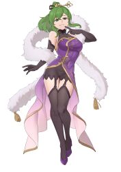 Rule 34 | 1girl, alternate costume, bare shoulders, black gloves, china dress, chinese clothes, dress, ebinku, elbow gloves, fire emblem, fire emblem: genealogy of the holy war, fur collar, fur trim, gloves, green eyes, grin, hair ornament, hairpin, hand on own chin, high heels, highres, lene (fire emblem), looking at viewer, nintendo, parted bangs, purple dress, simple background, smile, solo, white background