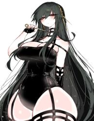 Rule 34 | alternate hairstyle, black hair, blush, breasts, cleavage, fingerless gloves, garter straps, gloves, large breasts, long hair, looking at viewer, needle, red eyes, spy x family, thick thighs, thighs, usa37107692, very long hair, wide hips, yor briar