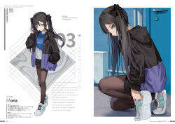 Rule 34 | 1girl, alternate costume, arm up, black bow, black hair, black hoodie, black jacket, black shorts, bow, brown pantyhose, character name, chestnut mouth, cross-laced footwear, english text, from behind, full body, genshin impact, green eyes, hair between eyes, hair bow, hand in pocket, highres, hood, hooded jacket, hoodie, jacket, kneeling, long hair, looking back, mona (genshin impact), motto (night wear), open clothes, open jacket, pantyhose, parted lips, shoes, short shorts, shorts, sneakers, standing, twintails, white footwear