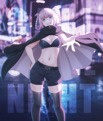 Rule 34 | 1girl, absurdres, belt, black cape, black shorts, black thighhighs, blue eyes, blurry, blurry background, breasts, cape, city, copyright name, hair rings, hand on own hip, highres, kepico, nanakusa nazuna (yofukashi no uta), navel, night, outdoors, outstretched arm, pink hair, shorts, small breasts, smile, thighhighs, yofukashi no uta