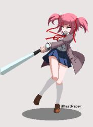 Rule 34 | 1girl, artist name, baseball bat, blazer, blue skirt, bow, bowtie, breasts, brown footwear, closed eyes, collared shirt, commentary, doki doki literature club, dress shirt, english commentary, floating neckwear, grey background, grey jacket, grimace, hair ornament, hair ribbon, holding, holding baseball bat, holding weapon, incoming attack, jacket, kneehighs, loafers, miniskirt, nastpaper, natsuki (doki doki literature club), neck ribbon, pink hair, pixel art, pleated skirt, red bow, red bowtie, red ribbon, ribbon, school uniform, shadow, shirt, shoes, short hair, skirt, small breasts, socks, solo, standing, standing on one leg, swept bangs, swinging, twitter username, two side up, v-shaped eyebrows, weapon, white shirt, white socks, x hair ornament