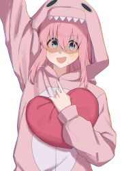 Rule 34 | 1girl, absurdres, animal costume, animal hood, arm up, blue eyes, blush, bocchi the rock!, gotoh hitori, hair between eyes, hand up, heart, heart-shaped pillow, highres, hood, hugging object, long hair, long sleeves, mosa 1120, pillow, pillow hug, pink hair, simple background, solo, sweat, upper body, white background