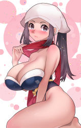 Rule 34 | 1girl, adapted costume, akari (pokemon), alternate breast size, black hair, blush, bra, breasts, cleavage, creatures (company), game freak, head scarf, large breasts, light smile, looking at viewer, nintendo, pokemon, pokemon legends: arceus, ponytail, red scarf, scarf, solo, strapless, strapless bra, sumisumii, underwear