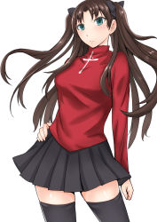 Rule 34 | 1girl, black thighhighs, bow, breasts, brown hair, fate/stay night, fate (series), green eyes, hair bow, hand on own hip, kokuriu, long hair, long sleeves, simple background, skirt, solo, thighhighs, tohsaka rin, twintails, two side up, white background, zettai ryouiki